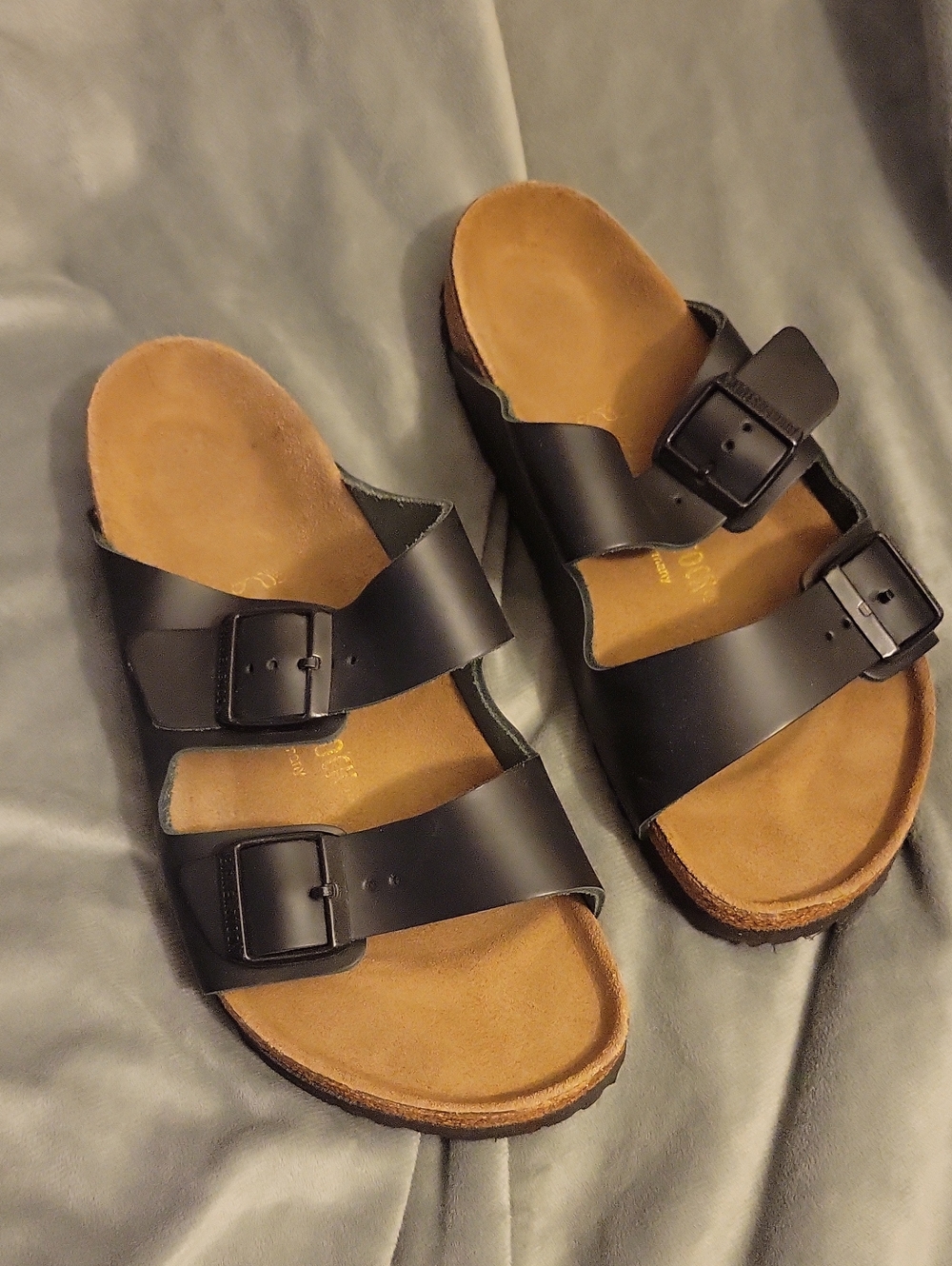 Birkenstock Men's Black Double-Buckle Slide Sandals with Tan Footbed